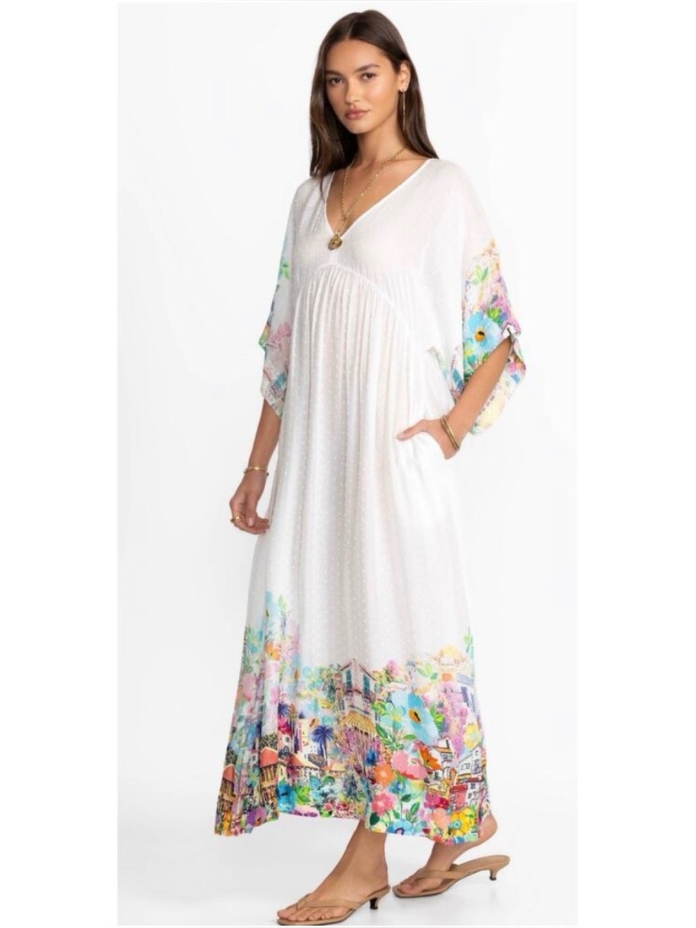 Johnny Was Spello Kaftan XS White Tropical Dolman Kaftan Maxi Dress NWOT